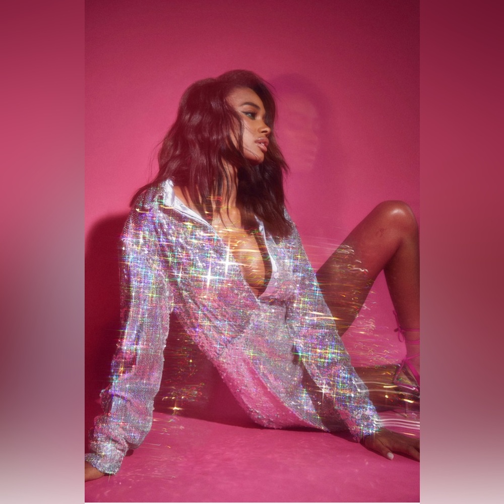 HOLOGRAPHIC SEQUIN DRAPE SHIRT PARTY DRESS